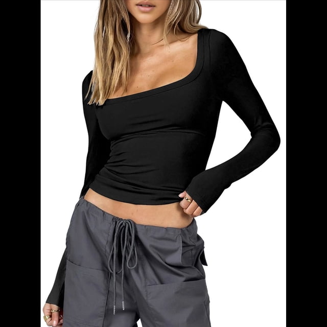 Tops Cortos de Algodón para Mujer, Camisetas de Larga, Cuello Cuadrado, Tops Y2k, Corte Entallado, Ropa de Moda para Salir de Otoño Negro S