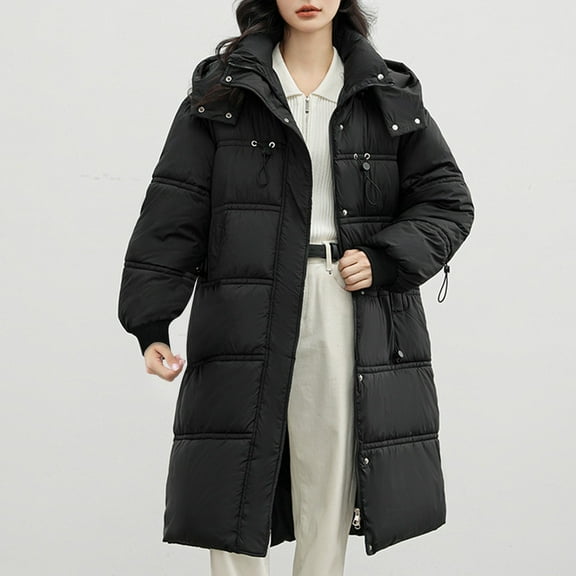 Casual Long Hooded Puffer Quilted Jacket for Women Y2K Loose Zip up Drawstring Hooded Coat with Pockets Winter Warm Buttoned Long Sleeve Cardigan