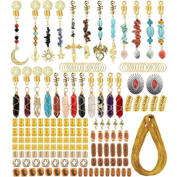 Premium 170 Pcs Loc Jewelr Handmade Gem Crstal Dreadlock Pendants for Women Imitation Wood Tube Beads Braiding Hair Cuff Braids Accessories with Metallic Cord (Gold) Gold for ultimate comfort