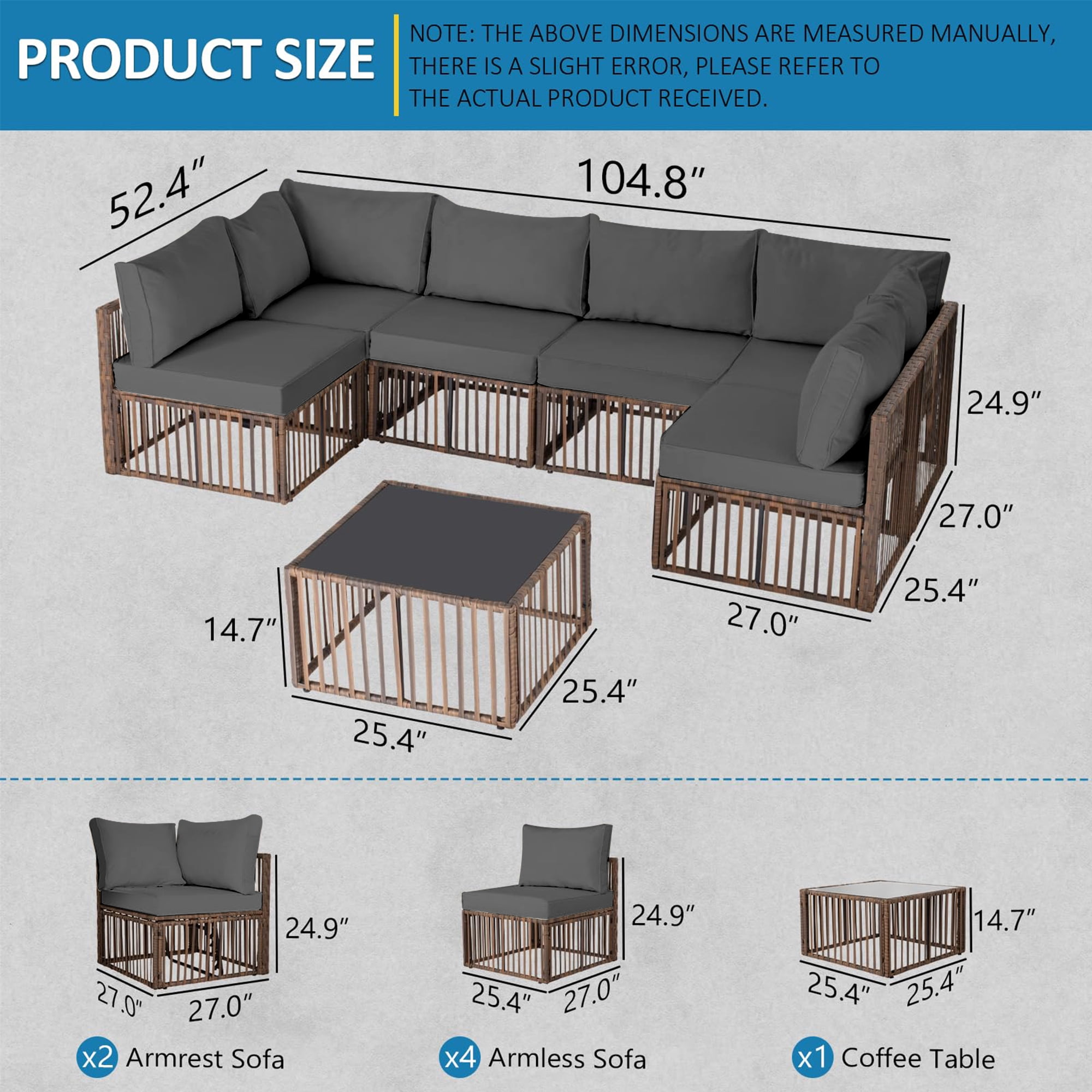 7 Piece Outdoor Sectional Sofa Set, All-Weather Patio Furniture with Washable Cushions, Waterproof Brown Rattan Wicker Conversation Set for Backyard, Poolside, Gray Cushion