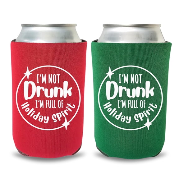 Christmas Can Coolers, I'm Not Drunk I'm Full Of Holiday Spirit Coolie, Funny Christmas Gift and Favor, Happy Holidays Present, Beer Coolers (2 Pack (1 Red & 1 Green) )