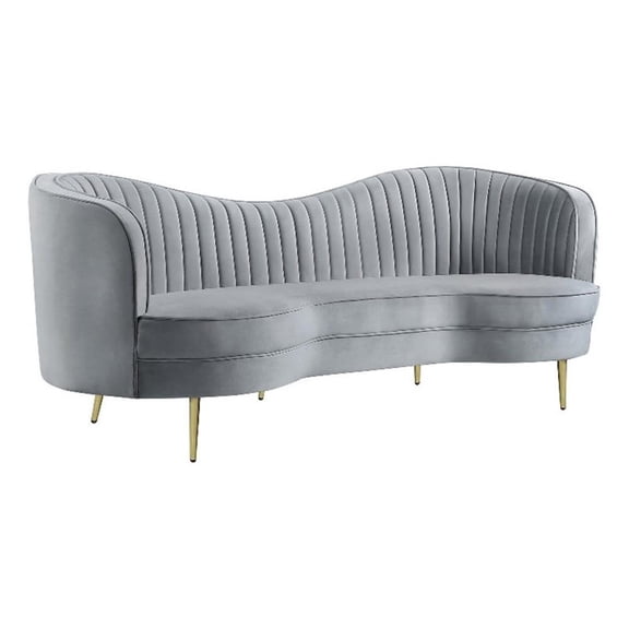 Benjara Enzo 84" Modern Sofa- Curved Kidney Shape- Channel Tufted- Gray- Gold