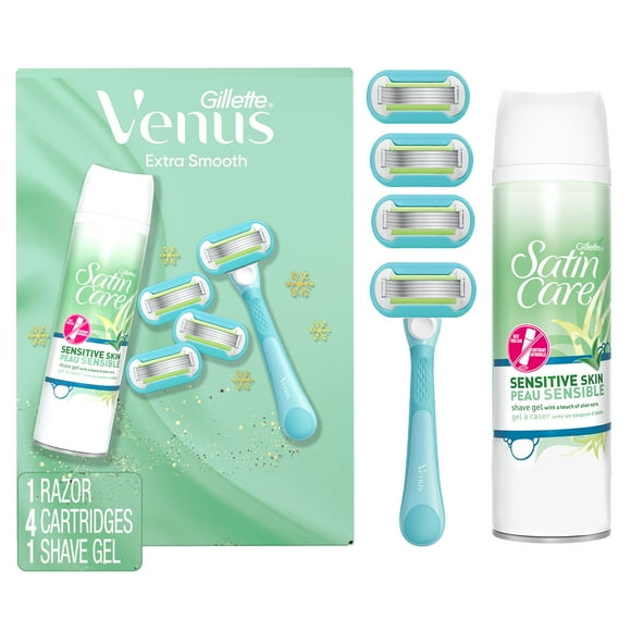 Gillette Venus Extra Doux Lames de Rasoir pour Femmes, Manche, 4 Recharges de Lames de Rasoir, Satin Care Gel à Raser Peau Sensible, Cadeaux des Fêtes pour Femmes