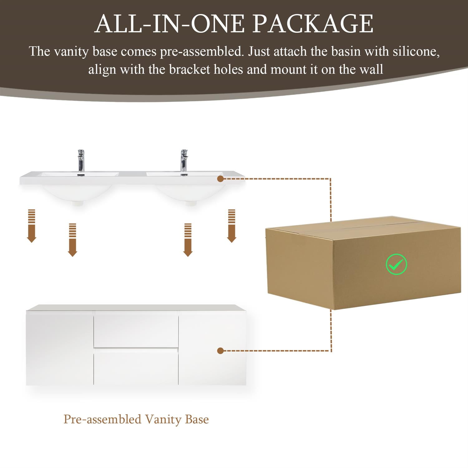 Demi Bonn 60" Floating Bathroom Vanity with Sink, Double Resin Top Basin and 2 Soft Close Drawers, 2 Storage Cabinet, Faucets and Drains Not Included, White