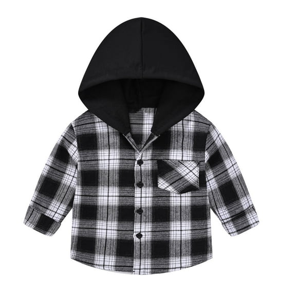 SELONE Toddler Boy Shacket with Pockets Hooded Jackets Button Plaid Long Sleeve Fall Winter Outfit Black 8 Years