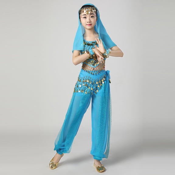 Sky Blue Jingly Coin Belly Dance Outfit for Girls 5-15 - Complete Set with Halter Top, Harem Pants & Headscarf for Dress-Up Recital Hall-oween,Size 5-7 T