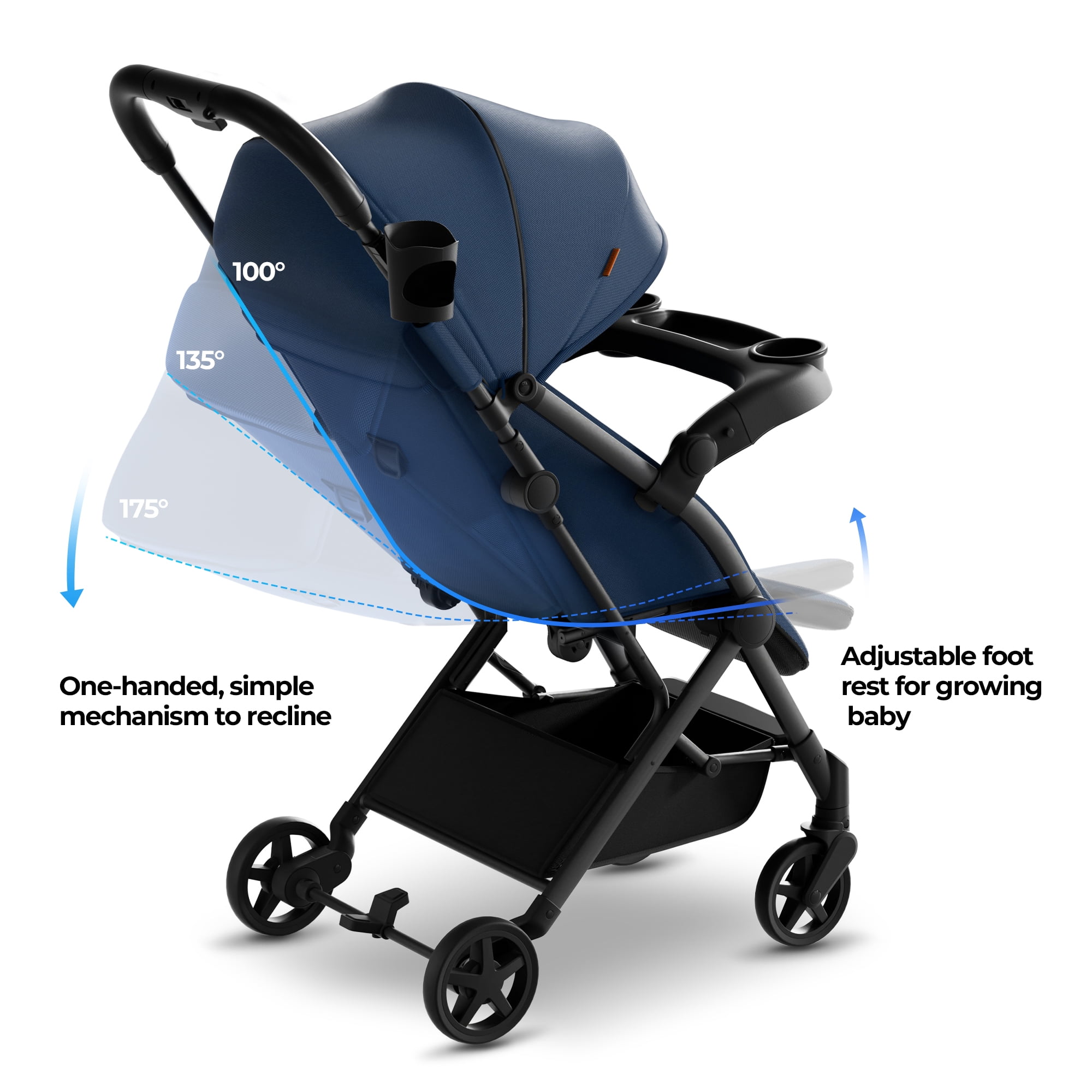 Mompush Lithe V2 Lightweight Stroller with Snack Tray, Newborn Nest Mode, Navy, 17.3LB, Unisex