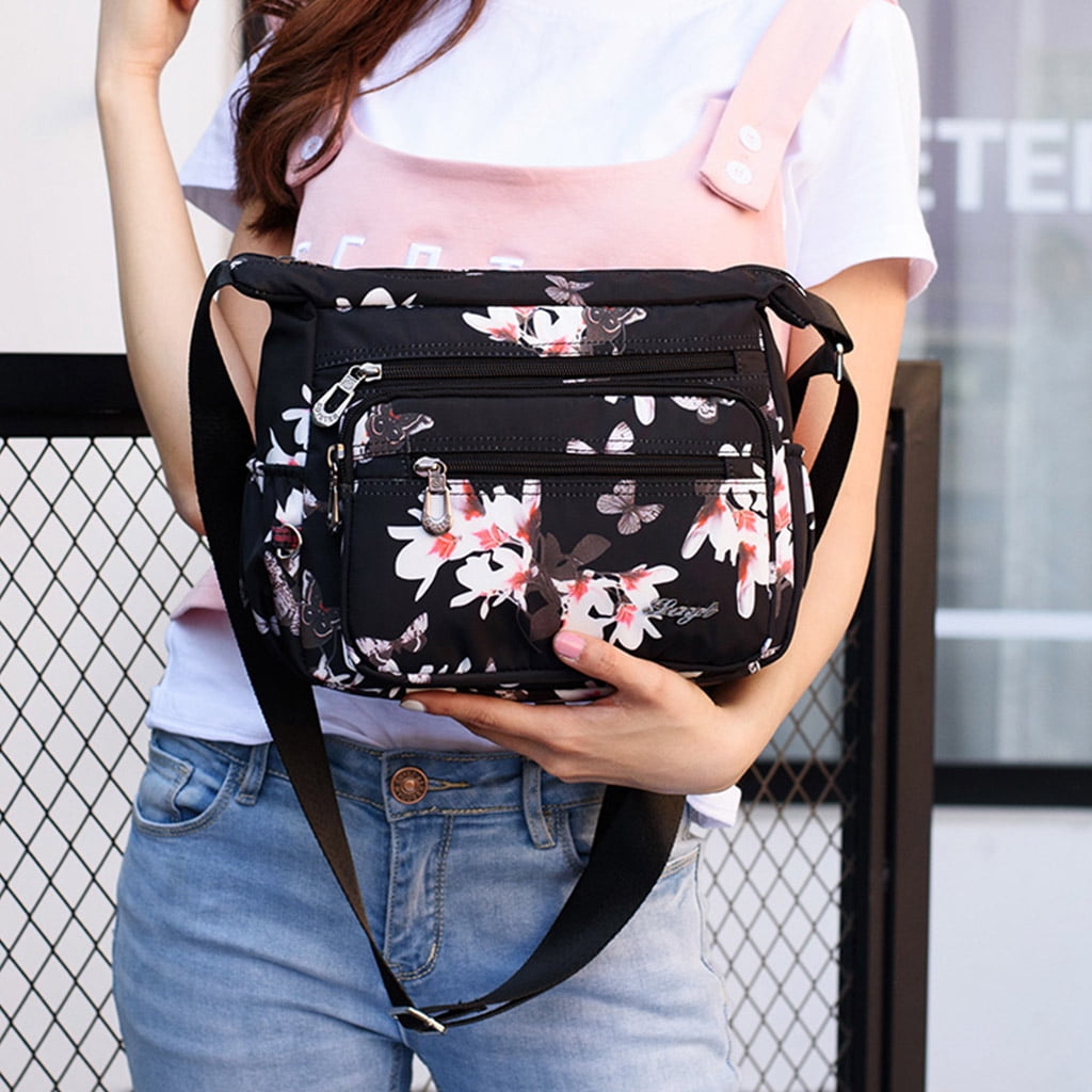 AOOOWER Nylon Floral Multi-Pocket Crossbody Purse Bags for Women Travel Shoulder Bag