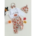thumbnail image 3 of Wassery Baby Girls 4PCS Halloween Pants Sets Long Sleeve Letter Print Jumpsuit Pumpkin Print Pants Hat Headband Sets 3 6 12 Months Infant Girls Fall Winter Outfits Set, 3 of 8
