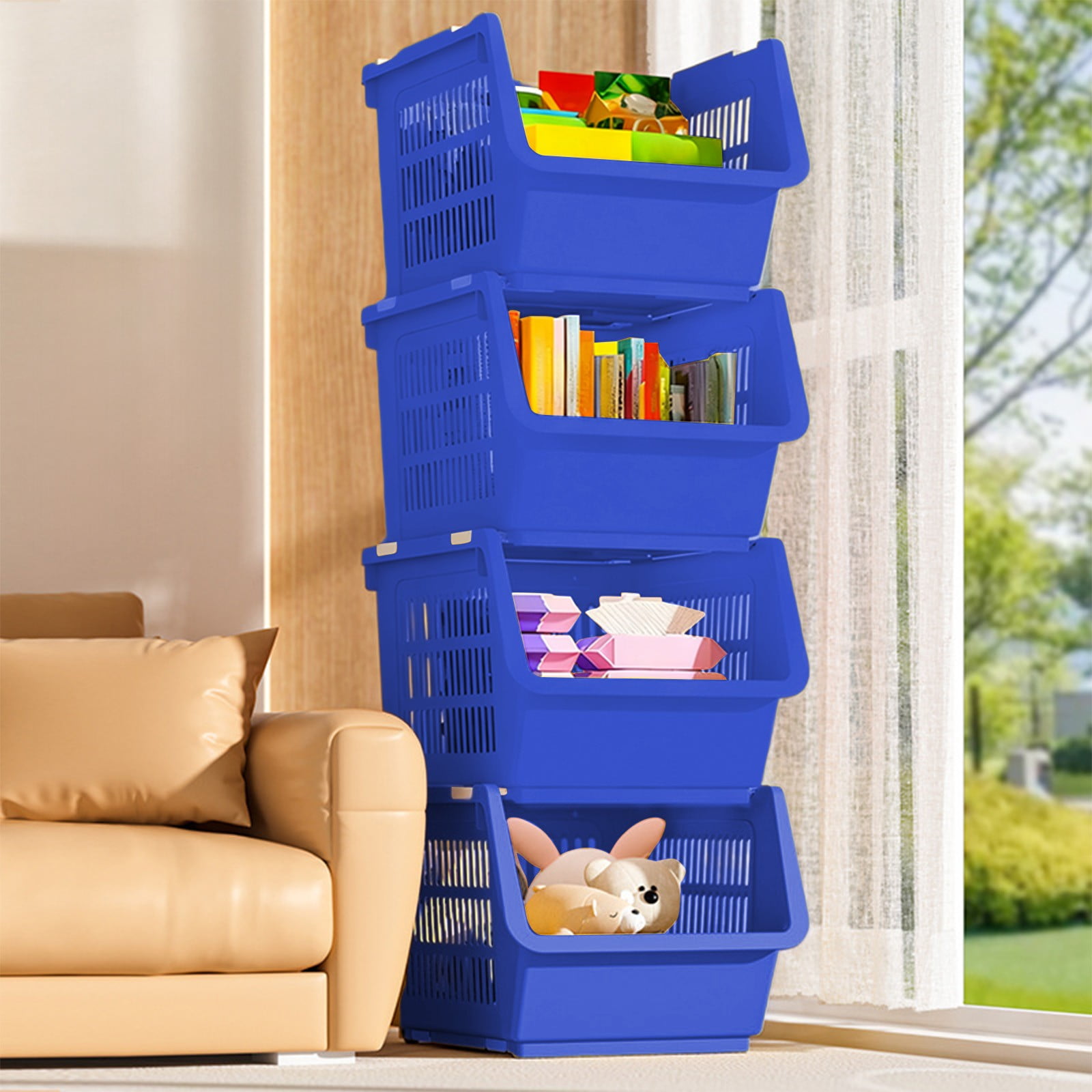 3 Pack Stackable Storage Baskets, Large Capacity Stackable Storage Bins Open Front, Space Saving Home Organization for Kitchen Bedroom Office