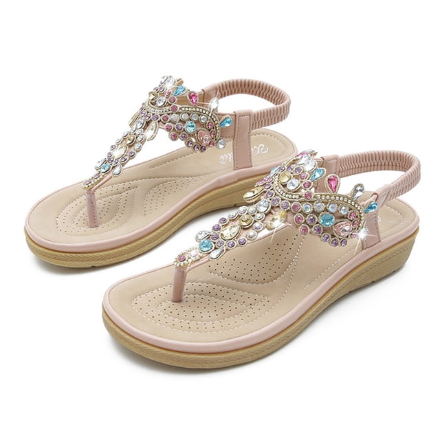 RKSTN Sandales pour Femmes Chaussures Bohémiennes Diamants Colorés Talon Bas Décontractées Confortables Résistantes à l'Usure Sandales Douces Confortables