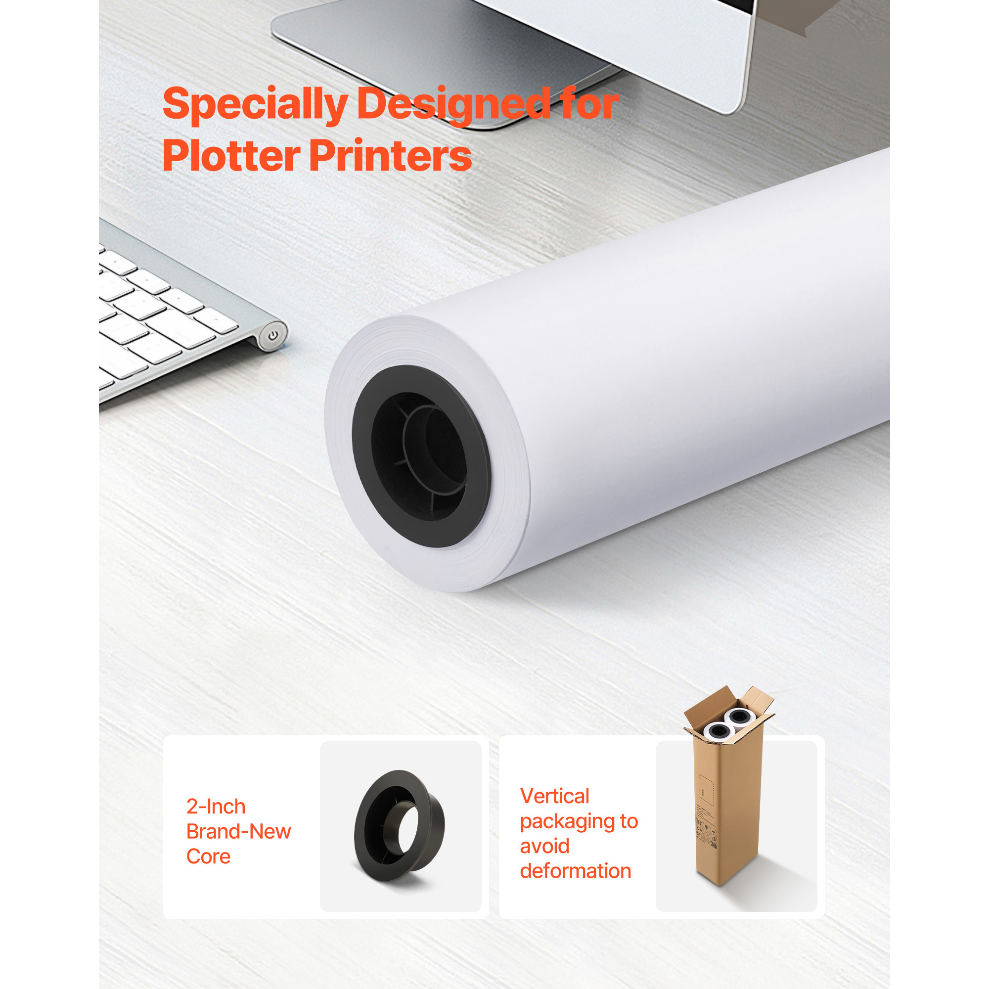 KFFKFF 24 in x 150 ft Wide Format Plotter Paper, 20 LB (80 g/m²) CAD Bond Rolls, 2-Pack with 2 in Core