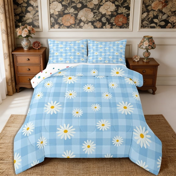 Manfei Vintage Daisy Full Size Comforter Sets 3-Piece,Spring Garden Bedding Comforter Set,1 Comforter and 2 Pillowcases,Reversible