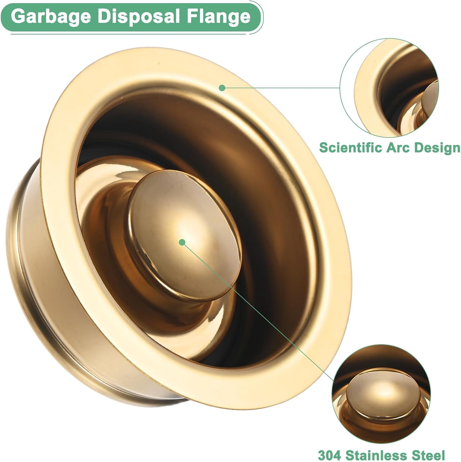 2-Pack Garbage Disposal Sink Flange - Kitchen Sink Replacement Parts, Universal Fit for 3-1/2 Inch Standard Drain Hole, Solid Metal with PVD Gold Finish, Includes Rubber Stoppers  P