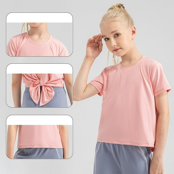 Cethrio T-Shirts for Girls, Quick Dry Dancewear Athletic Short Sleeve Summmer Tops Pink Size 4-5 T