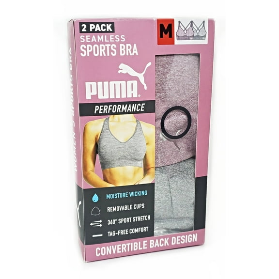 PUMA 2 Pack Seamless Sports Bra, Size: S (Blush, Gray)