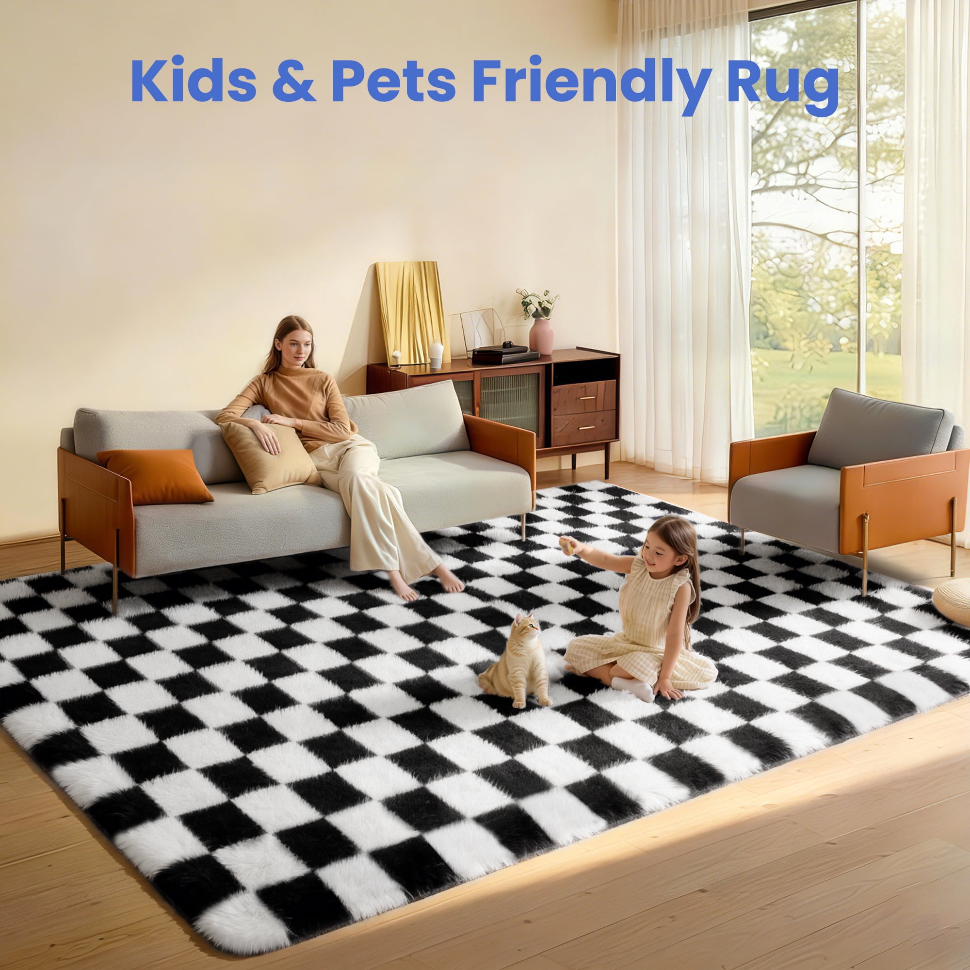 CozyDesg Shag Area Rugs,5'x8' Soft Fluffy Floor Rugs Checkered Carpet，Washable Area Rugs for Living Room Bedroom Decor,Black & White