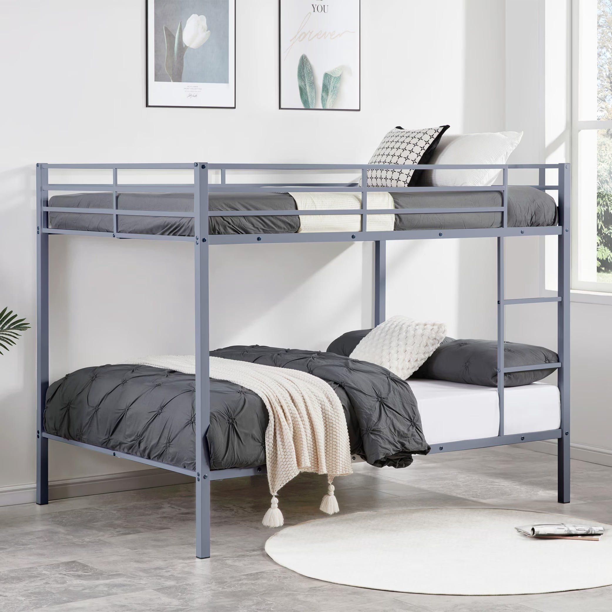 Full Over Full Bunk Bed, Heavy Duty Metal Bunk Bed Frame with Built-in Ladder and Safety Guard Rails, Low Profile Platform Bed, No Box Spring Needed for Kids, Small Spaces, Grey