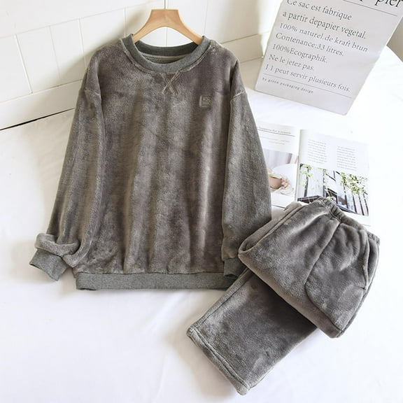 Fleece Pajamas Sets for Men Long Sleeve Sweatshirts and Pants 2 Piece Flannel Outfits Mens Casual Solid Color Thermal Warm Loungewear Pajama Set