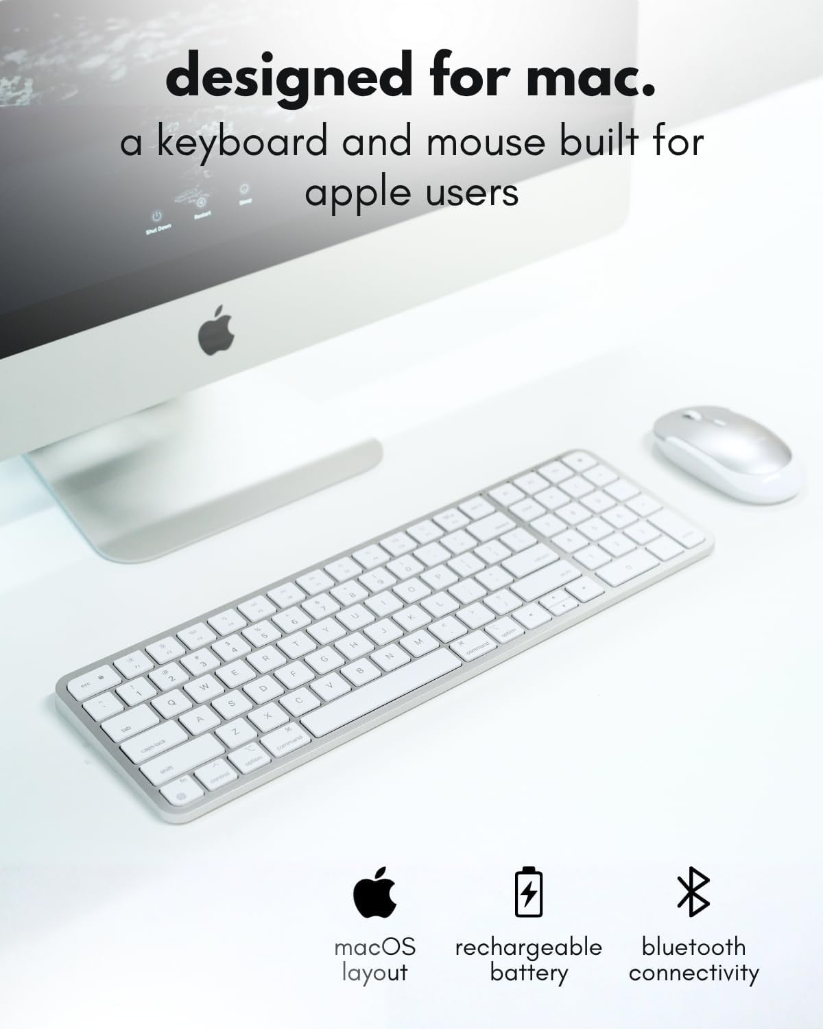 Macally Bluetooth Mac Keyboard and Mouse - Compact (2 Zone) Wireless Apple Keyboard and Mouse Combo with Number Pad - Multi Device, Rechargeable -  for Mac, MacBook Pro/Air, iPad, iPhone - Silver