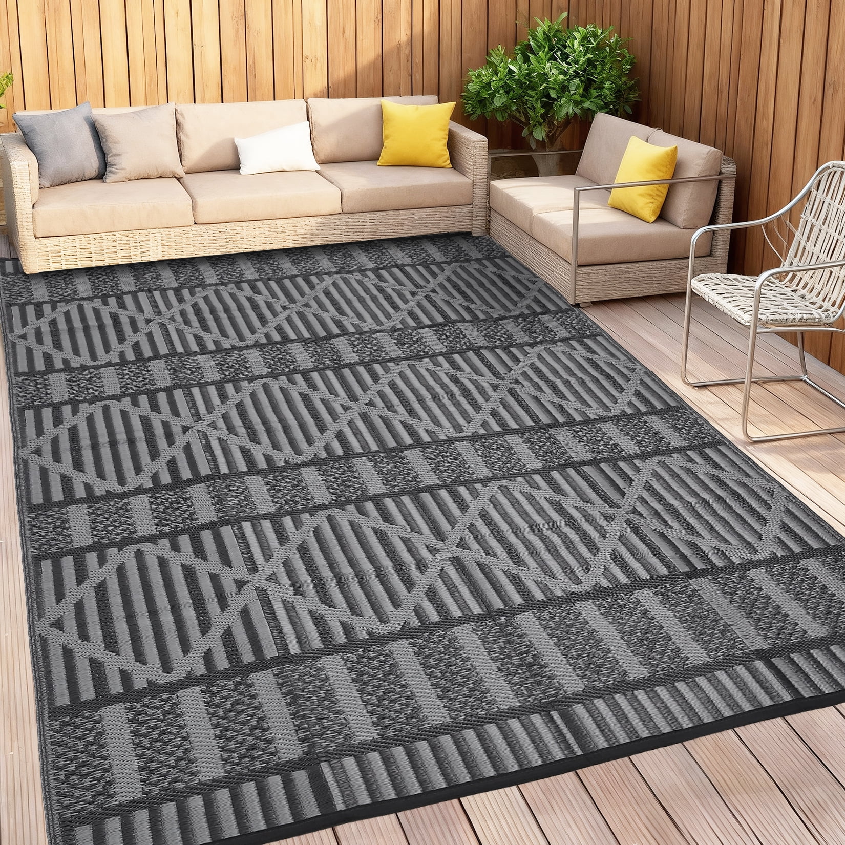 Garvee 9'x18' Outdoor Rug Waterproof Outdoor Patio Rug Mat, Reverisble Plastic Straw Outdoor Rug for RV Camping Picnic Beach Balcony, Black and Gray