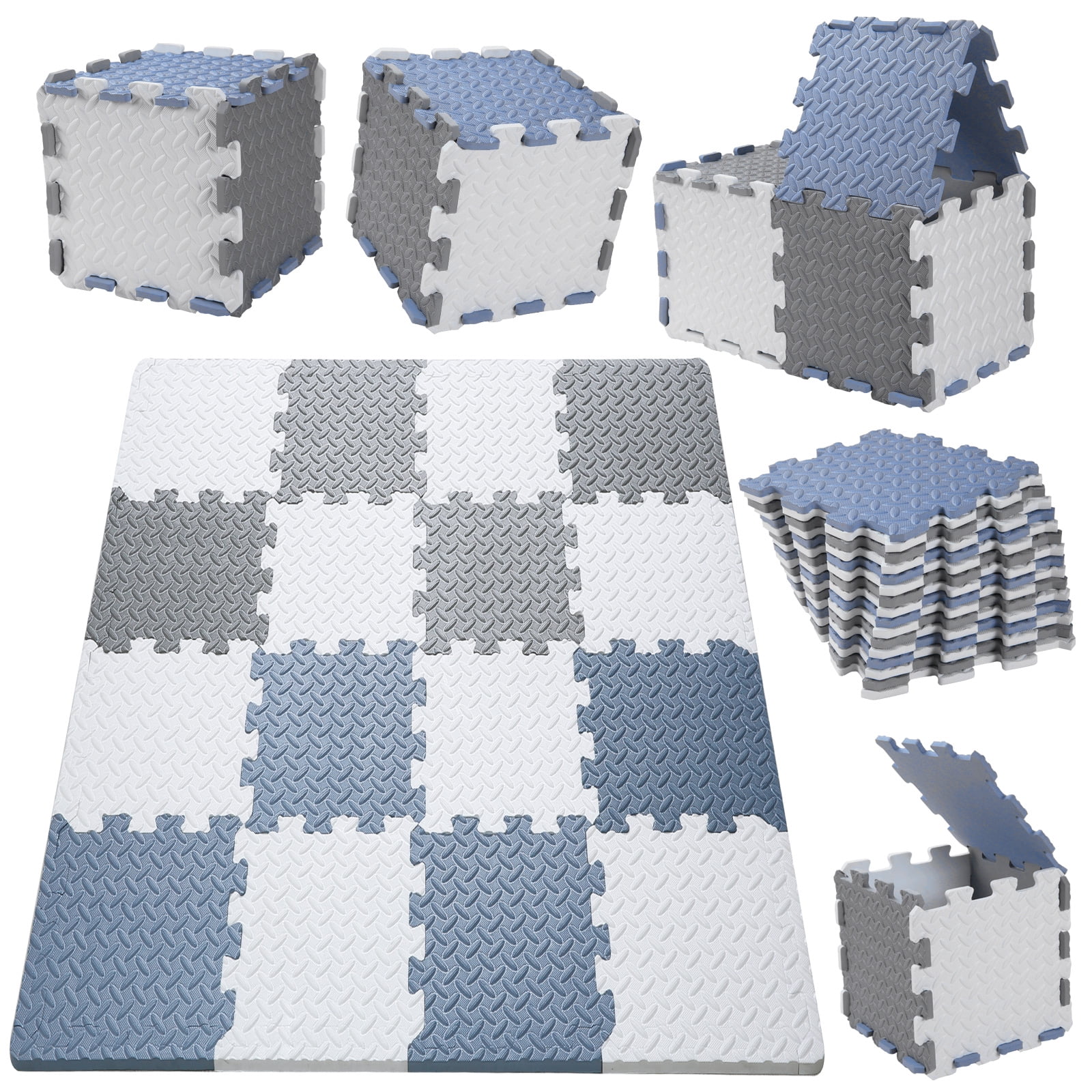 White/Gray/Blue 0.47 Inch Thickened Interlocking Foam Puzzle Tile Exercise Mats Floor Mats Foam Play Mats Jigsaw Mat Baby Child Rug Crawl Mat with Storage Bag Tamiplay 16Pcs Foam Baby Play Mat 