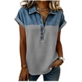 thumbnail image 3 of Sentmoon Ensembles Deux Pièces pour Femmes Haut en Denim pour Femmes Hauts Grande Taille Manches Courtes Col à Revers Patchwork Coupe Régulière avec Imprimé Hauts Extensibles pour Femmes Tendance Décontracté 3TG-5TG, 3 of 6