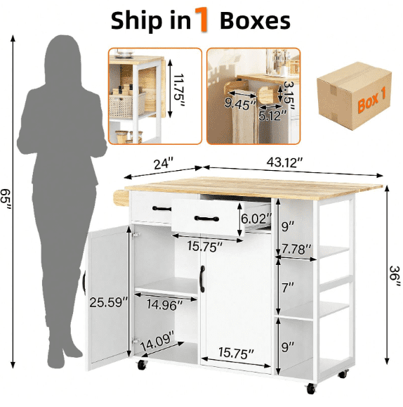 Ataucjin Kitchen Island with Wood Top and Drop Leaf Breakfast Bar Mobile Cart with 2 Door Cabinet,2 Storage Drawers,Spice Rack Towel Holder,Wine-Rack,Foldable Rubberwood Table Top,White