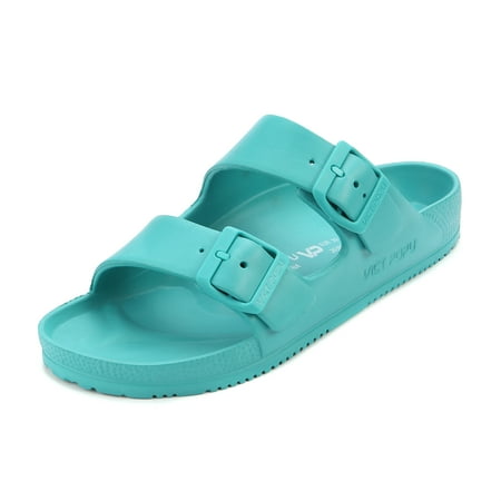 

VICT POPU Womens Sandals Adjustable Double Buckle Strap Waterproof EVA Flat Slides，Lake Blue Sizes 11
