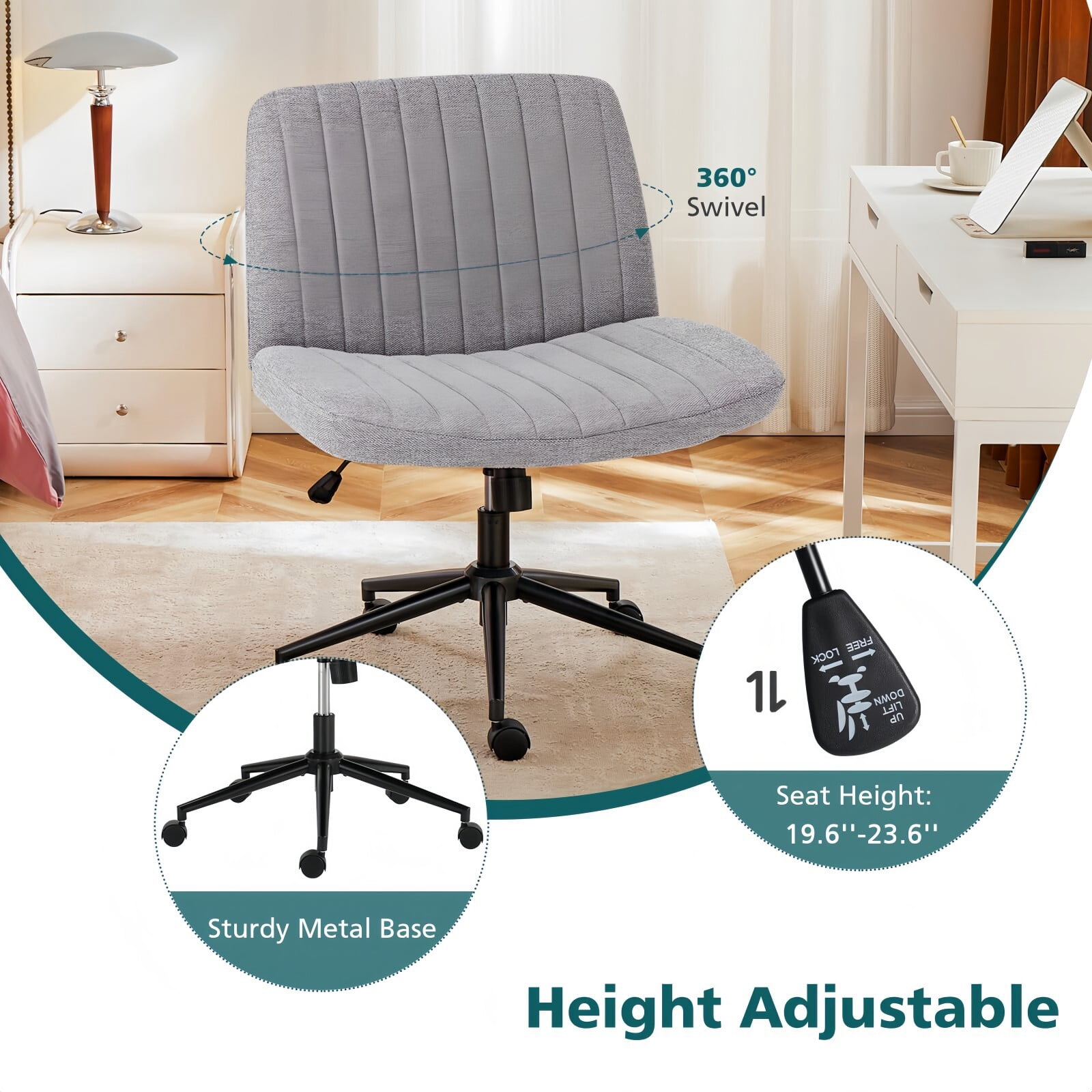 Kelno Armless Criss Cross Office Chair with Wheels 300lb Capacity Wide Seat Cross Legged Desk Chair Height Adjustable Swivel Vanity Chair, Gray Linen