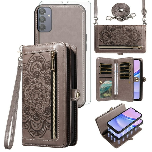 Asuwish Phone Case for Samsung Galaxy A15 5G/4G Zipper Wallet Detachable Cell Cover with Tempered Glass Screen Protector Crossbody Lanyard Strap Flower Flip Card Holder A 15 G5 15A Women Girls Gray