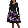 thumbnail image 2 of Valentine Dress for Women 1950S Retro Long Sleeve V-Neck Cocktail Dresses with Belt 3D Love Heart Printing A-Line Dress Purple 2XL, 2 of 6