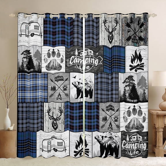 jejeloiu Happy Camping Black Out Curtains,Safari Bear Deer Curtains Pack of 2 (42x63 Each),Blue Gray Check Bedroom Curtains For Kids,Microfiber Bedroom Decor