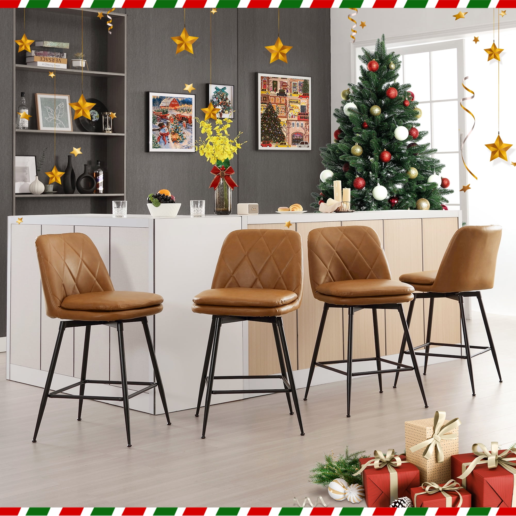 TEWLOSS 28" Bar Stools Set of 4 Swivel Barstools Faux Leather Kitchen Chairs, Brown