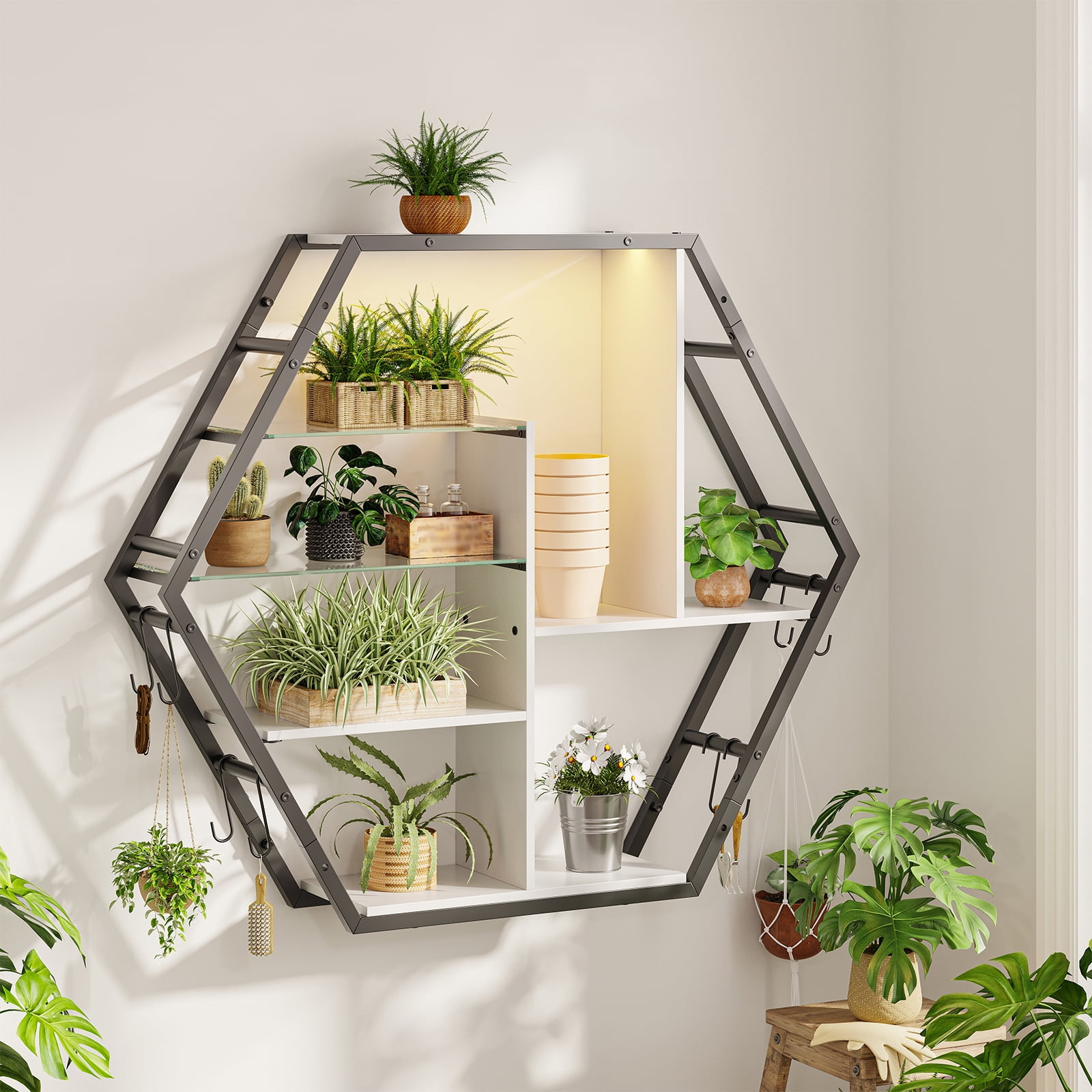 ModFurne LED Wall Shelves - Lighted Display Shelves With Extra Hooks For Gaming Rooms & Bars. Modern Brown Floating Shelves With Built-In LED Lighting