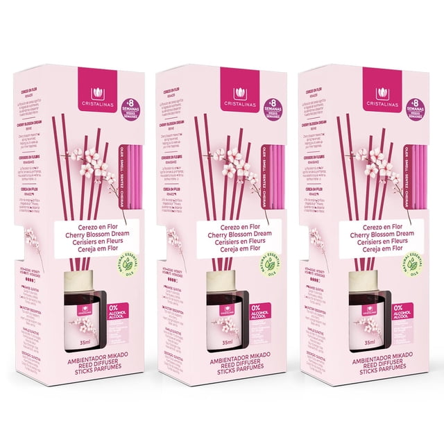 Cristalinas ambientador de cañas 3 pack, difusor con varillas de ratán, formula sin alcohol, máxima duración mas de 8 semanas, 40ml Aroma Cerezo en Flor