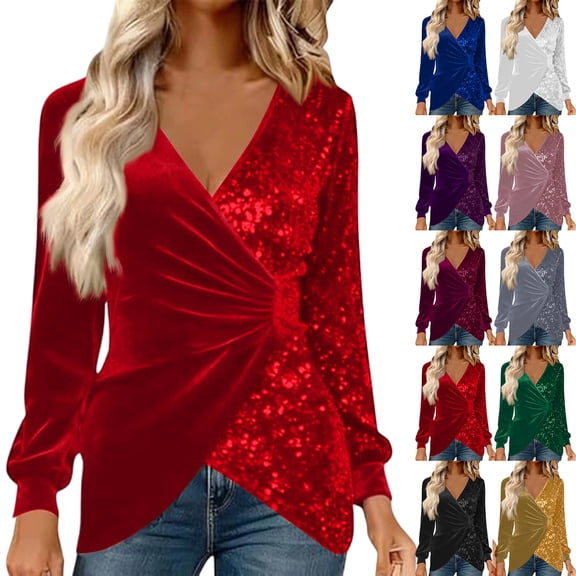 Laqbezok Elegant Wrap V Neck Sequin Velvet Long Sleeve Blouse, Women's Asymmetric Hem Sparkly Party Top, Shimmering Evening Gala Outfit