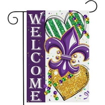 Rdsfhsp 12 x 18 inch Mardi Gras Welcome Garden Flag - Double Sided Vertical Striped Heart and Fleur-de-Lis Printed Holiday Yard Linen Flag