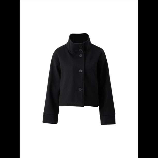 Abrigo Corto de Lana para Mujer, Chaqueta de Invierno con Cuello Alto y Bolsillo para Oficina Negro S