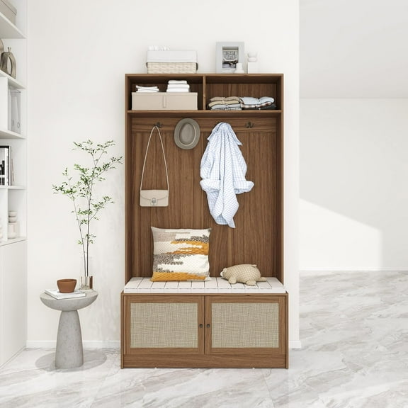 LEONX Hall Tree Storage Bench with Coat Hooks, 71 x 39 x 16 inches, Walnut with Rattan Doors, 4 Metal Hooks