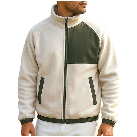 YLSDY Men’s Fuzzy Sherpa Bomber Jacket Motorcycle Jackets Varsity Jacket Colorblock Patchwork Jacket Warm Full Zip Up Coat Khaki M