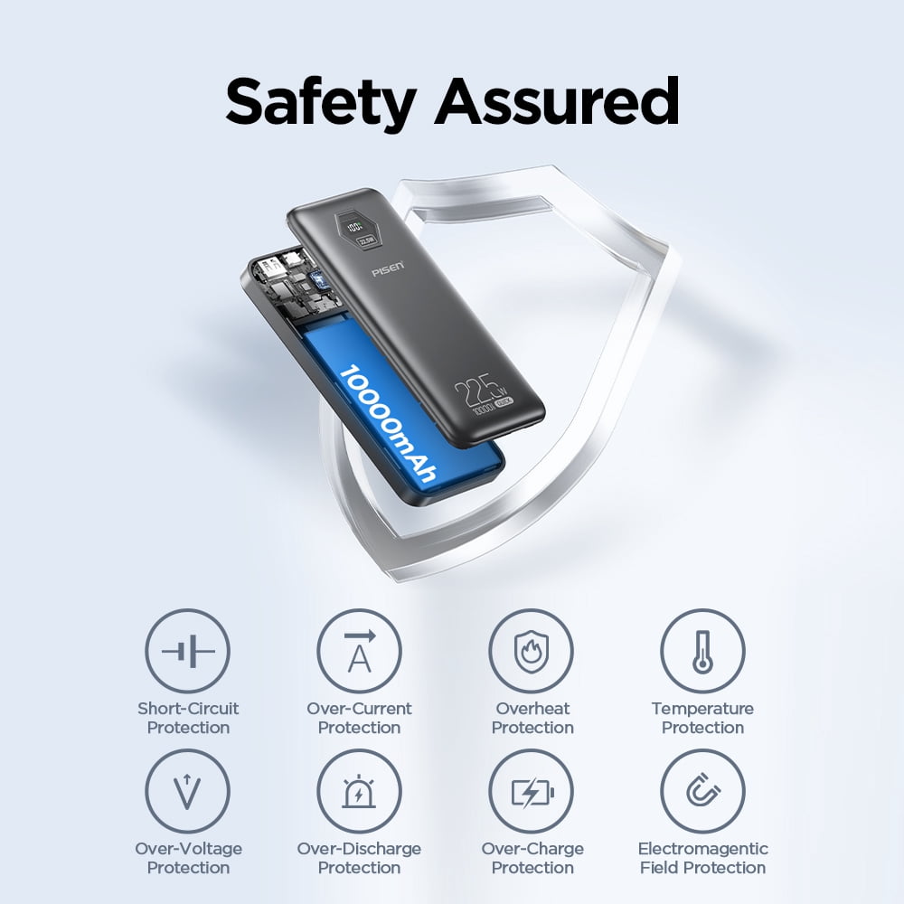 PISEN 10000mAh 3C Power Bank, 22.5W CCC Certified Power Bank, Travel Battery Pack 3C Portable Charger, Supports PD 3.0, QC 3.0, LED Display Travel Portable Charger for iPhone, Samsung and More