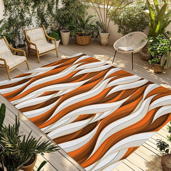 Burnt Orange White Moire Outdoor Rug for Patio/Deck/Porch, Non-Slip Large Area Rug 3 x 5 Ft, Modern Abstract Art Indoor Outdoor Rugs Washable Area Rugs, Reversible Camping Rug Carpet Runner