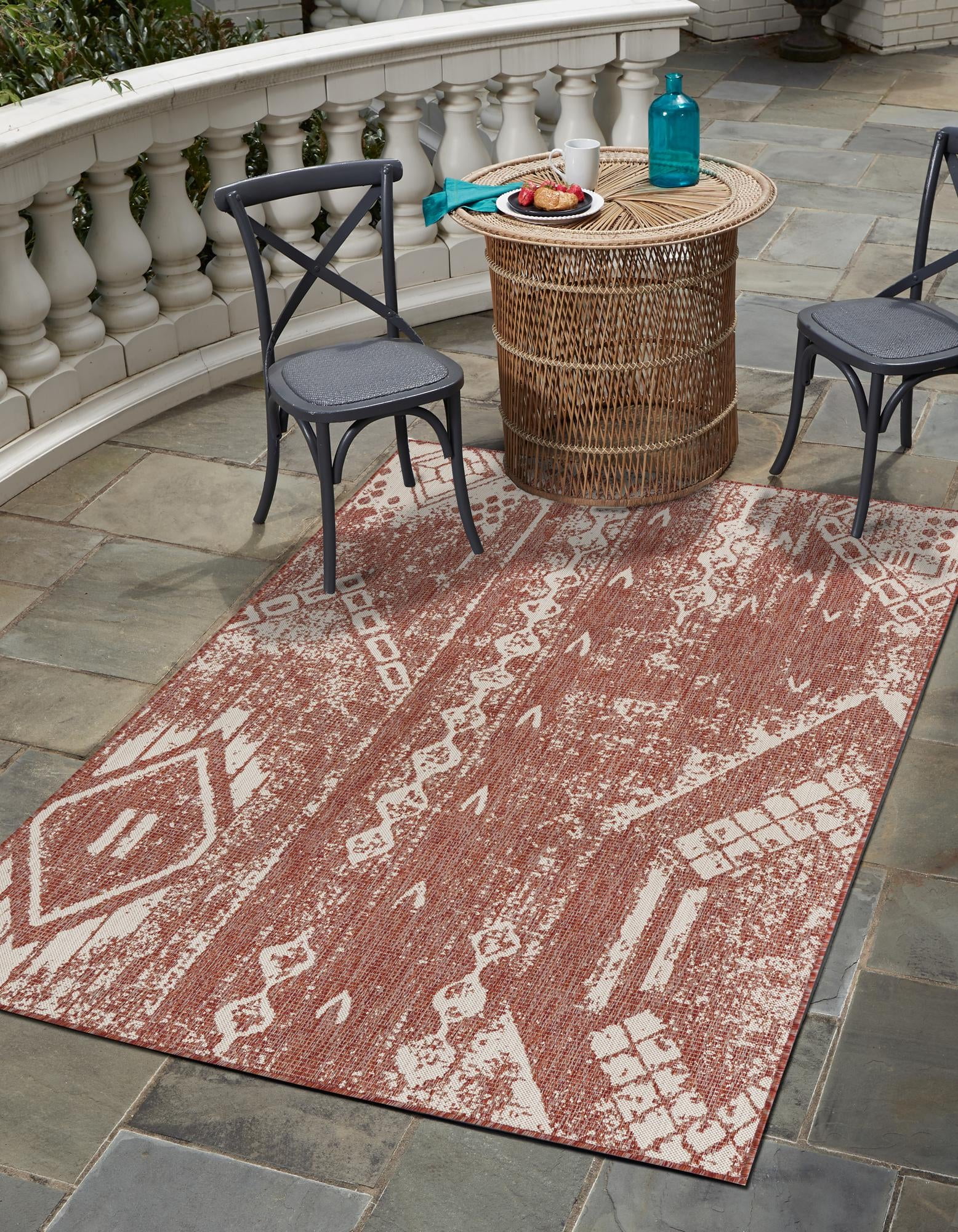 Outdoor Bohemian Collection Rug 9' x 12' Rust Red Flatweave