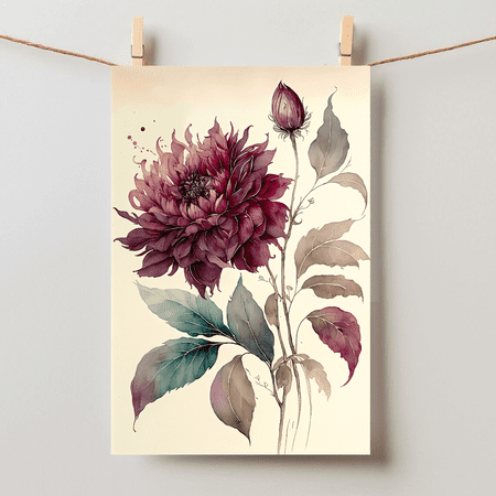 Flower Burgundy Rose Botanical Contemporary Watercolour Wall Art, Unframed Paper Poster 8x10in