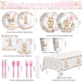 thumbnail image 2 of Bunny Birthday Party Supplies Set, Pink Rabbit Theme Plates Cups Napkins Banner Balloons Tablecloth Cake Topper Backdrop Swirls Cutlery, Serves 24, For 1st 2nd Birthday, 2 of 7