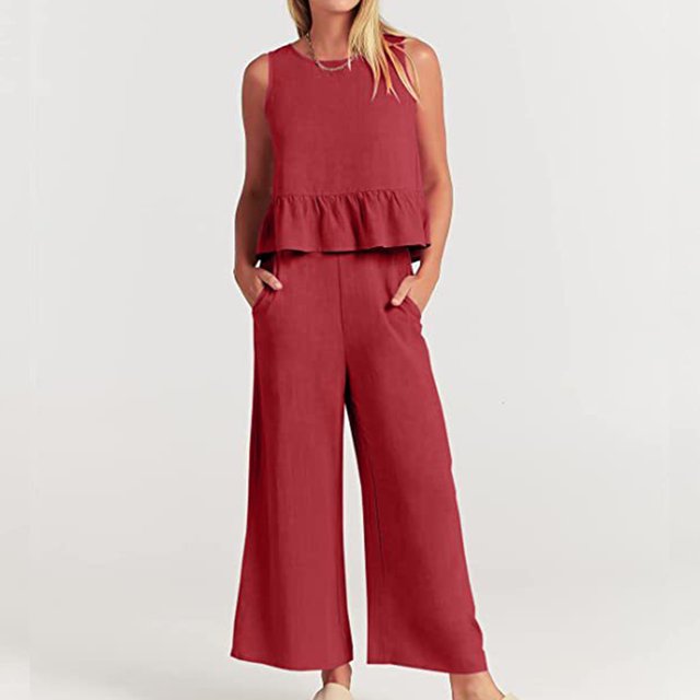 Algodón 2 piezas Conjuntos de pantalones Pierna ancha Mujeres Cuello cuadrado Color sólido Ropa diaria FLhrweasw Nuevo