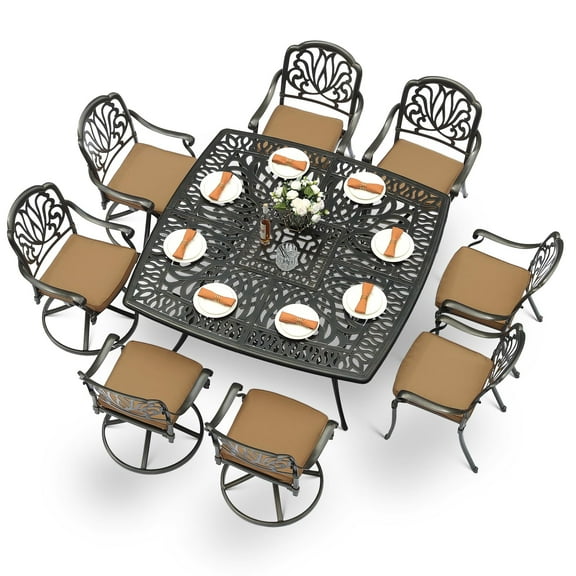 MEETWARM 9-Piece Outdoor Patio Dining Set for 8, All Weather Cast Aluminum Patio Funiture Table and Chairs Set- Large 64" Square Table and 4 Swivel Rocker Chairs, 4 Stationary, Umbrella Hole, Khaki