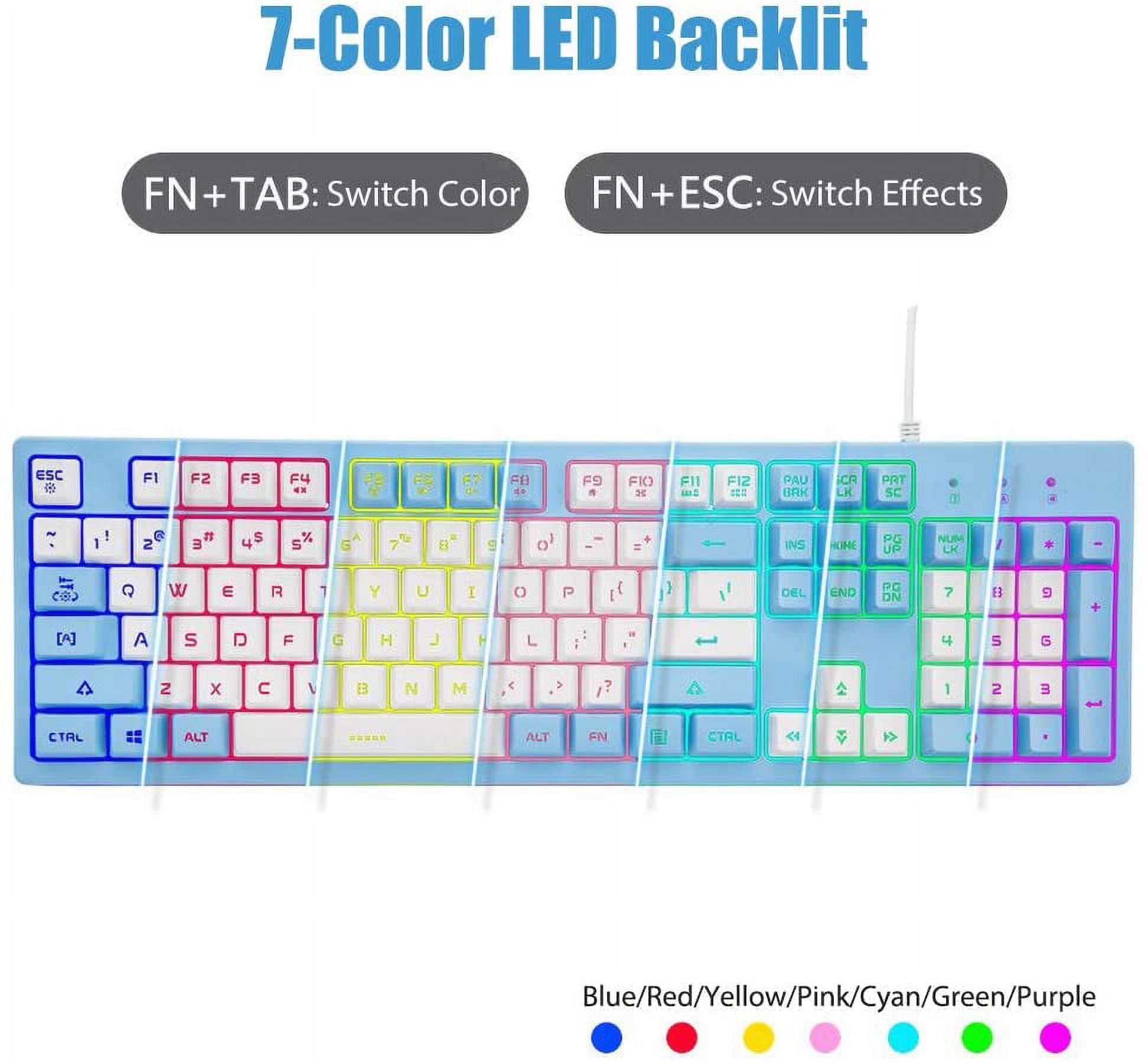 Mechanical Keyboard with 7-color LED Backlight, 104-key Silent and Silent Keyboard, 19-key Anti-ghosting, Cheap Gaming Keyboard, Mechanical Touch, Waterproof Wired USB