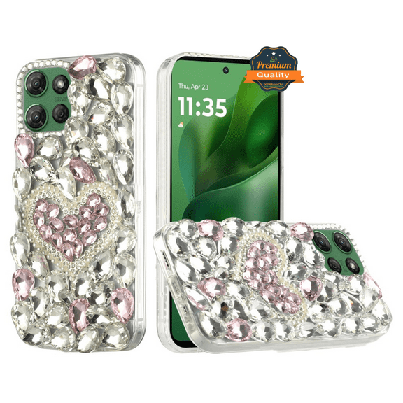 For Apple iPhone 17 PRO Full 3D Diamond Bling Case with Ornaments, Luxury Fashion Cover [Hearts Pink & Silver]
